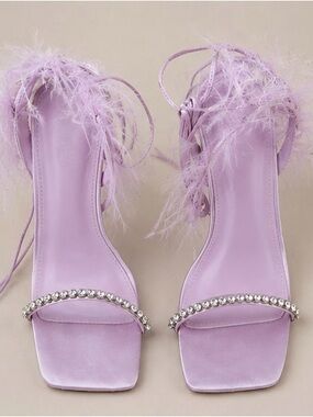 Lavender Feather Ankle-Tie Sandals with Crystal Strap